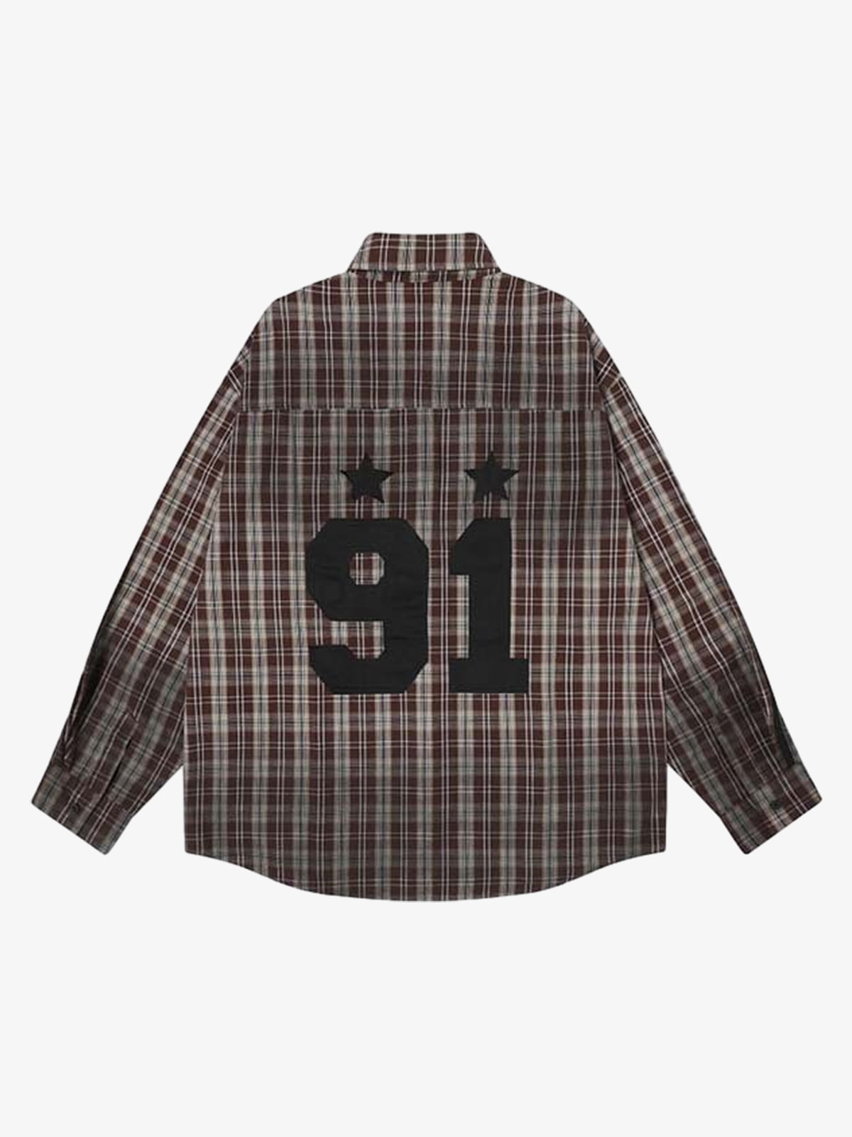 5a1f25cf5690483caf0310f5fe3eca94.jpg Vintage Distressed Patchwork Star Plaid Shirt - Image 1