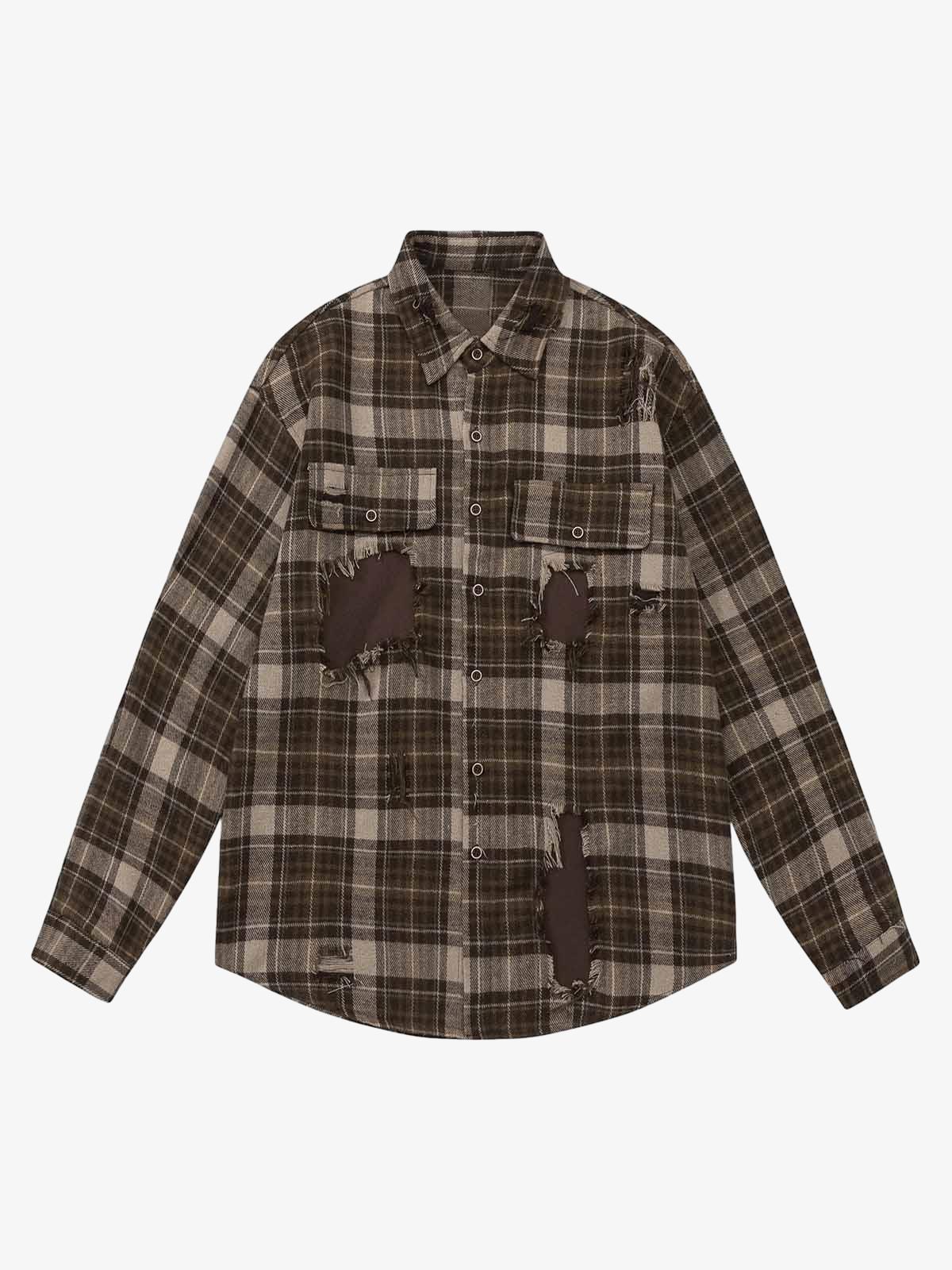 image1_71eec250-42b2-45f3-8f53-1ed184270bbd.jpg Retro Ripped Patchwork Long Sleeve Plaid Shirt - Image 1